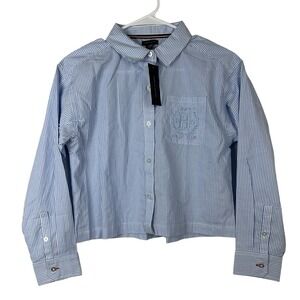 NWT TOMMY HILLFIGER Blue Button Up Striped Long Sleeve Shirt Girls L (12/14)
